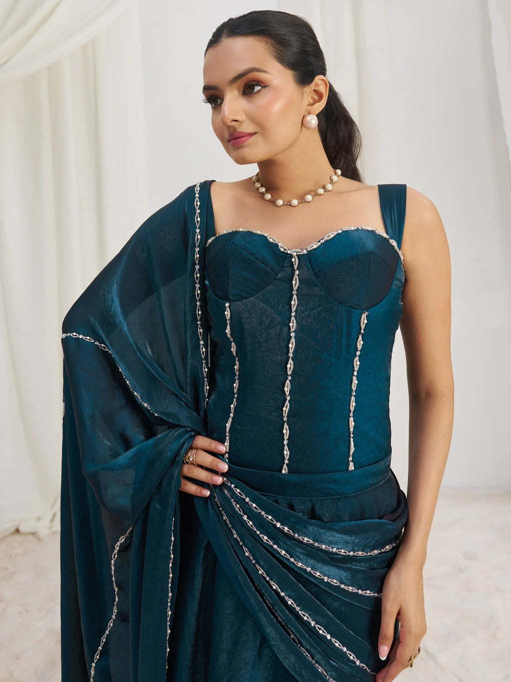 Glamorous Navy Blue Organza Ready To Wear Saree With Corset Blouse
