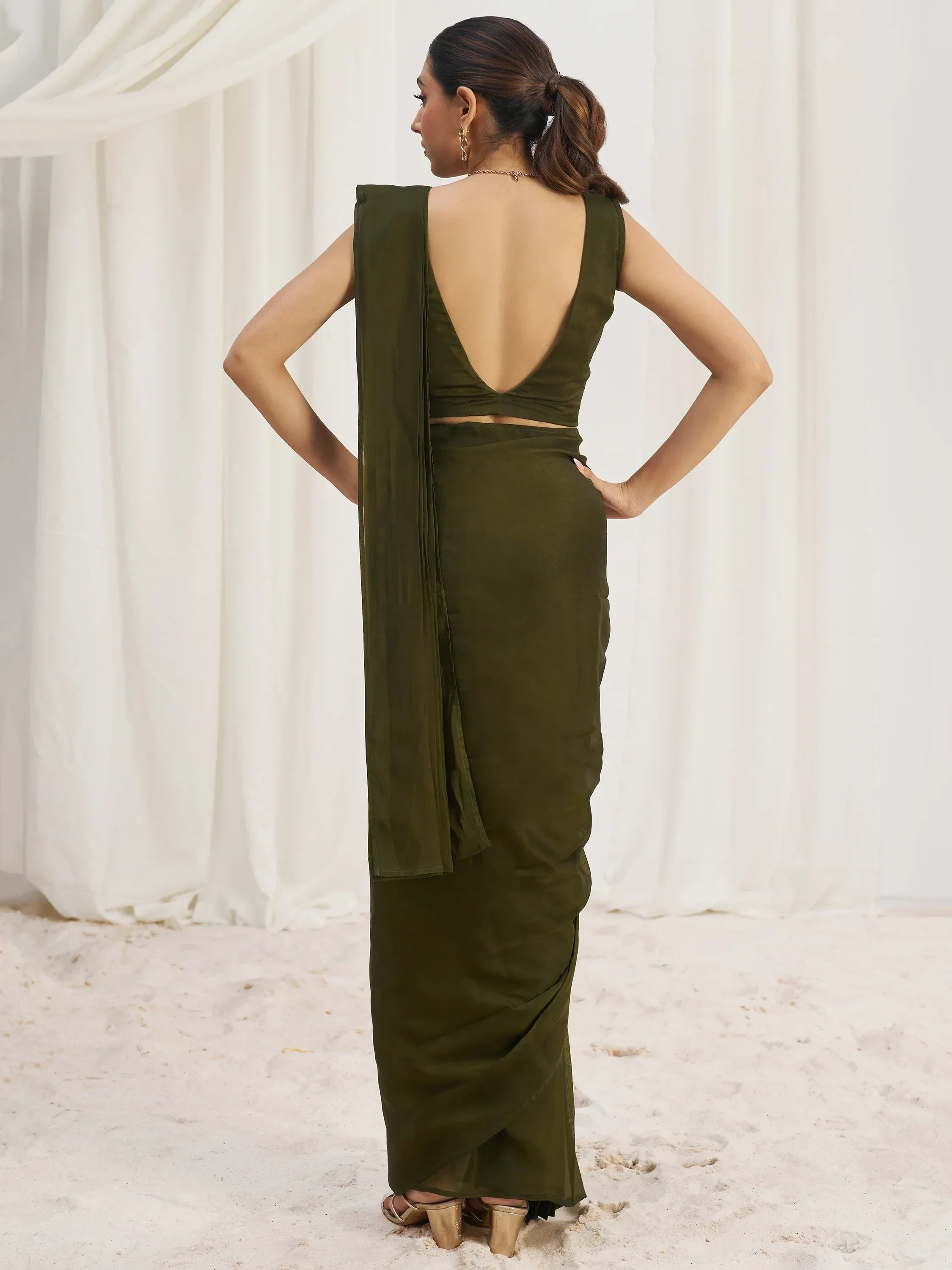 Enchanting Olive Green Organza Pre-Stitched Saree With Blouse