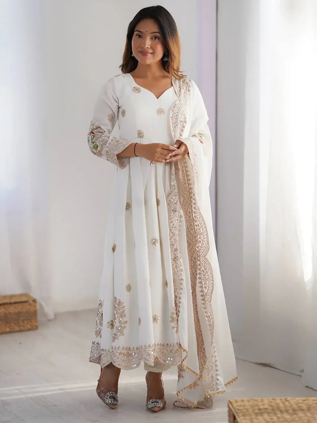 Fascinating Off-White Sequins Chinon Traditional Anarkali Suit