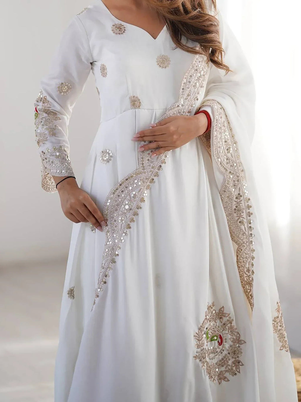 Fascinating Off-White Sequins Chinon Traditional Anarkali Suit