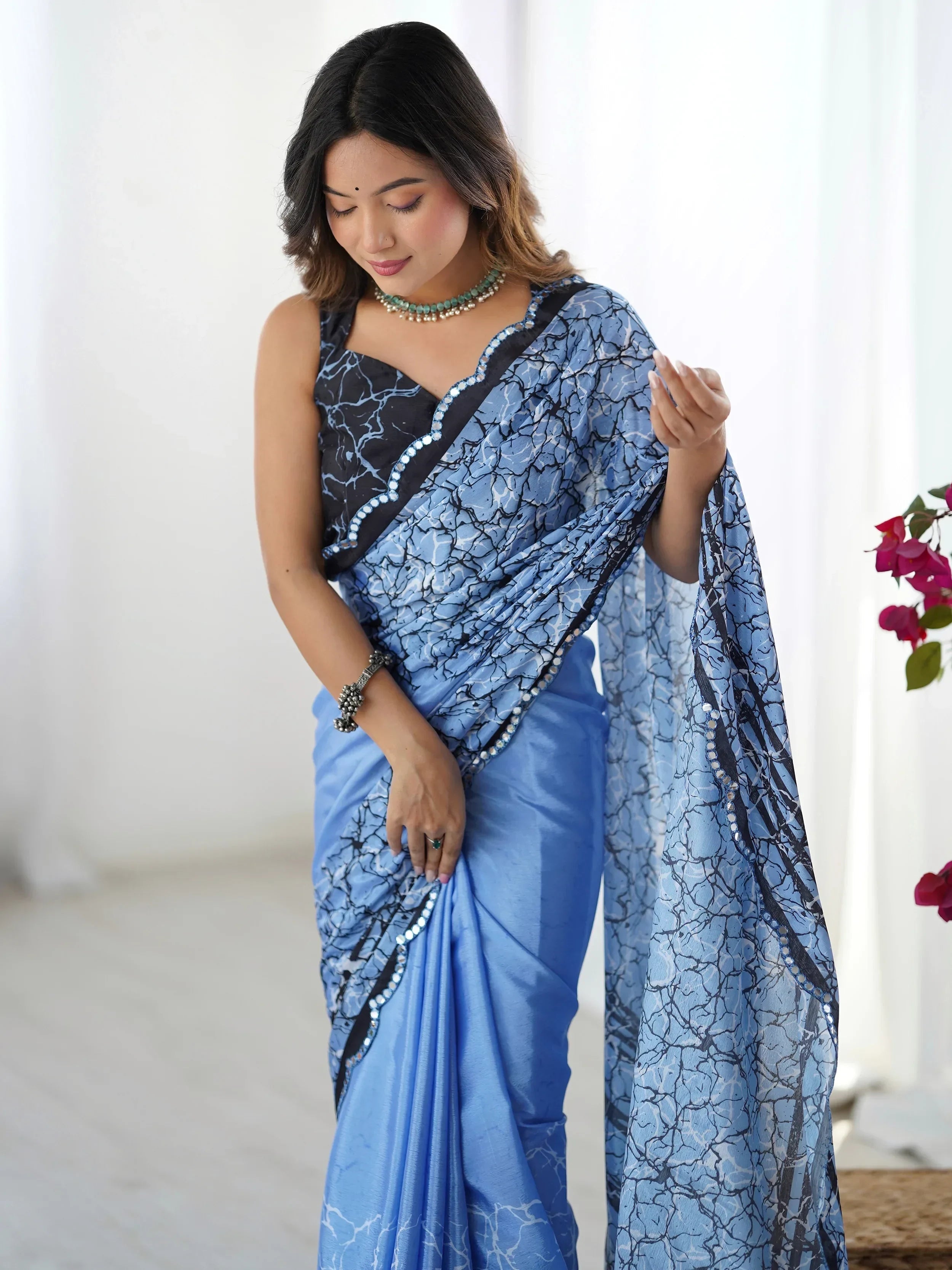 Blue Beautiful Chinon Digital Printed Saree With Blouse