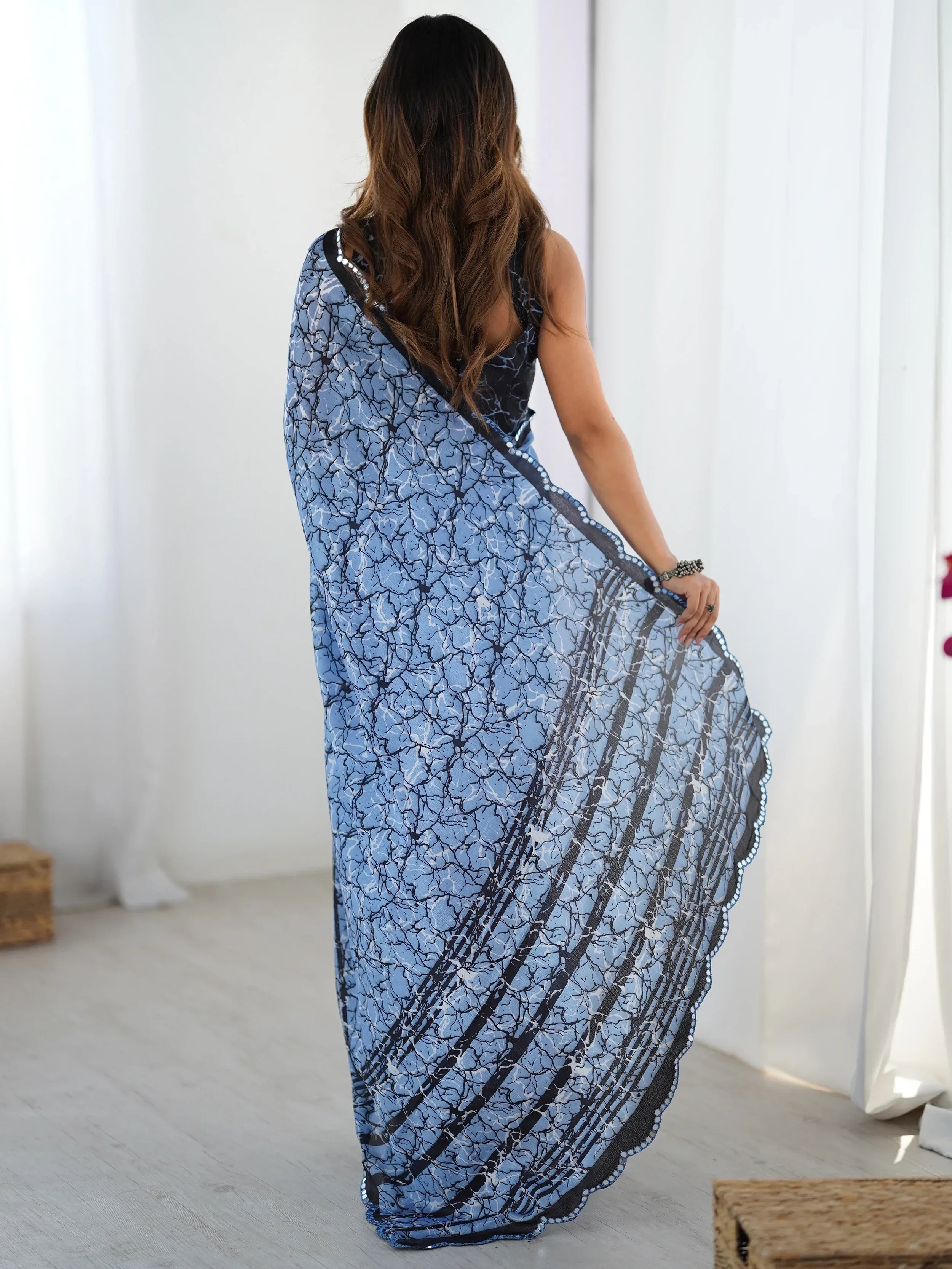 Blue Beautiful Chinon Digital Printed Saree With Blouse