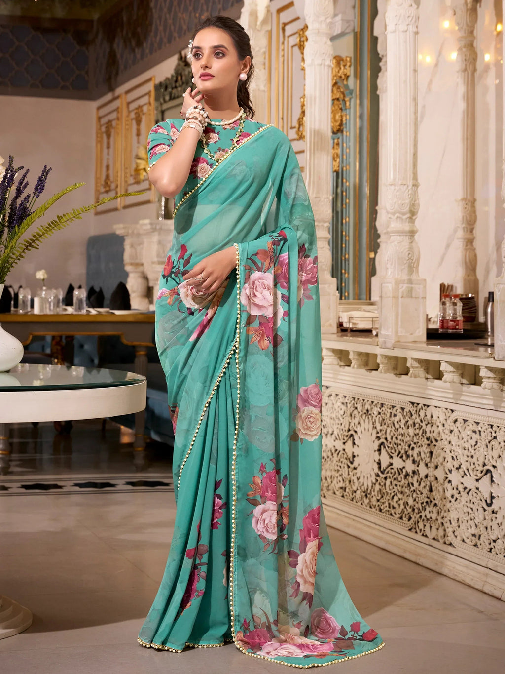 Green Artistic Georgette Floral Printed Saree With Blouse