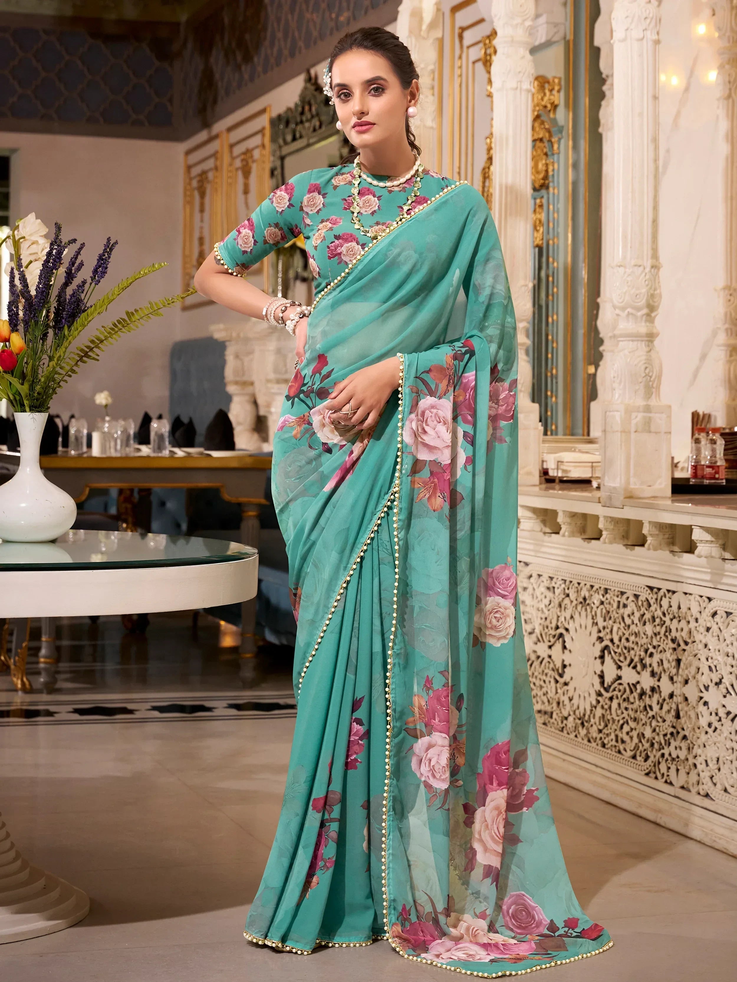 Green Artistic Georgette Floral Printed Saree With Blouse