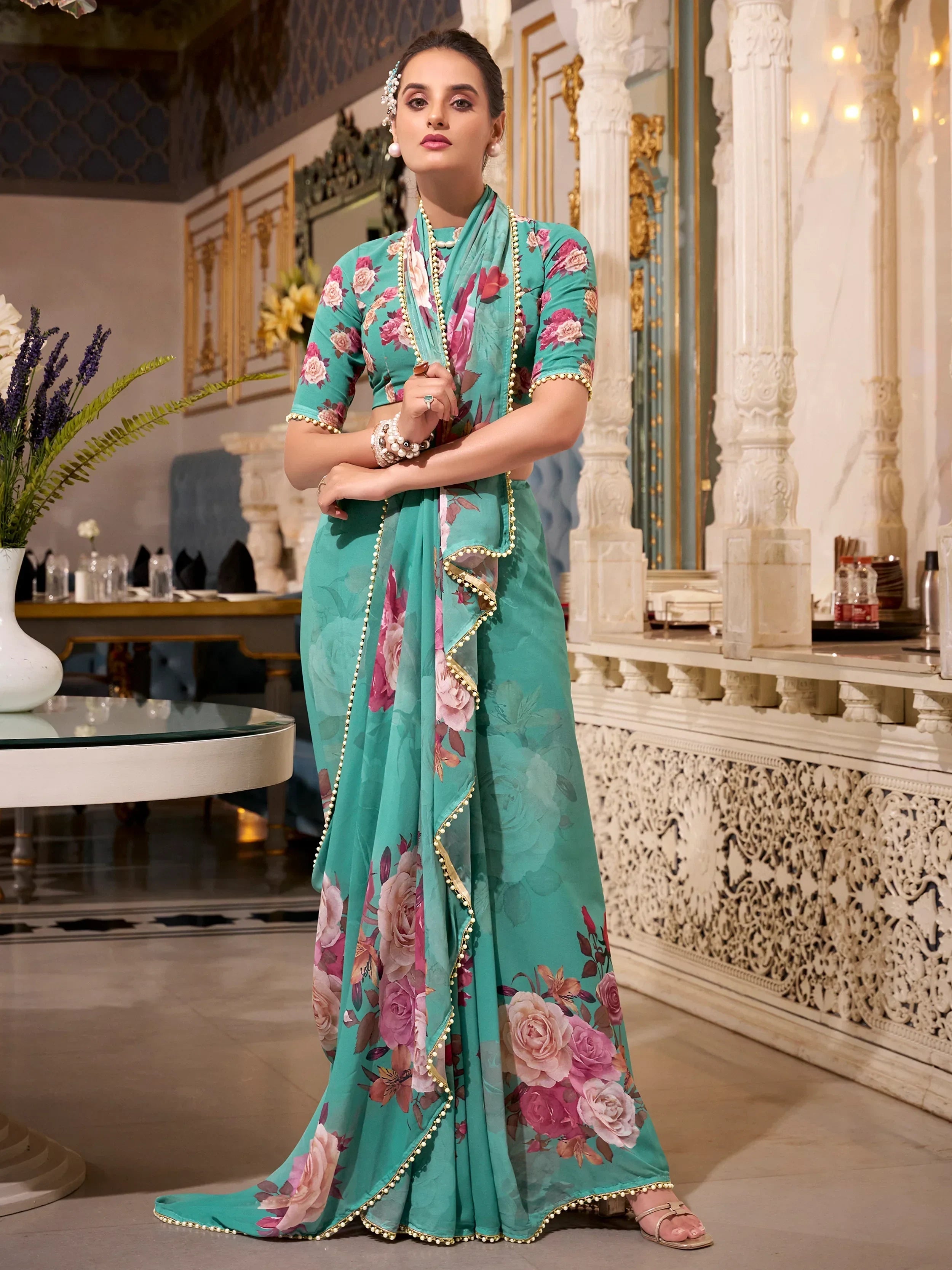 Green Artistic Georgette Floral Printed Saree With Blouse