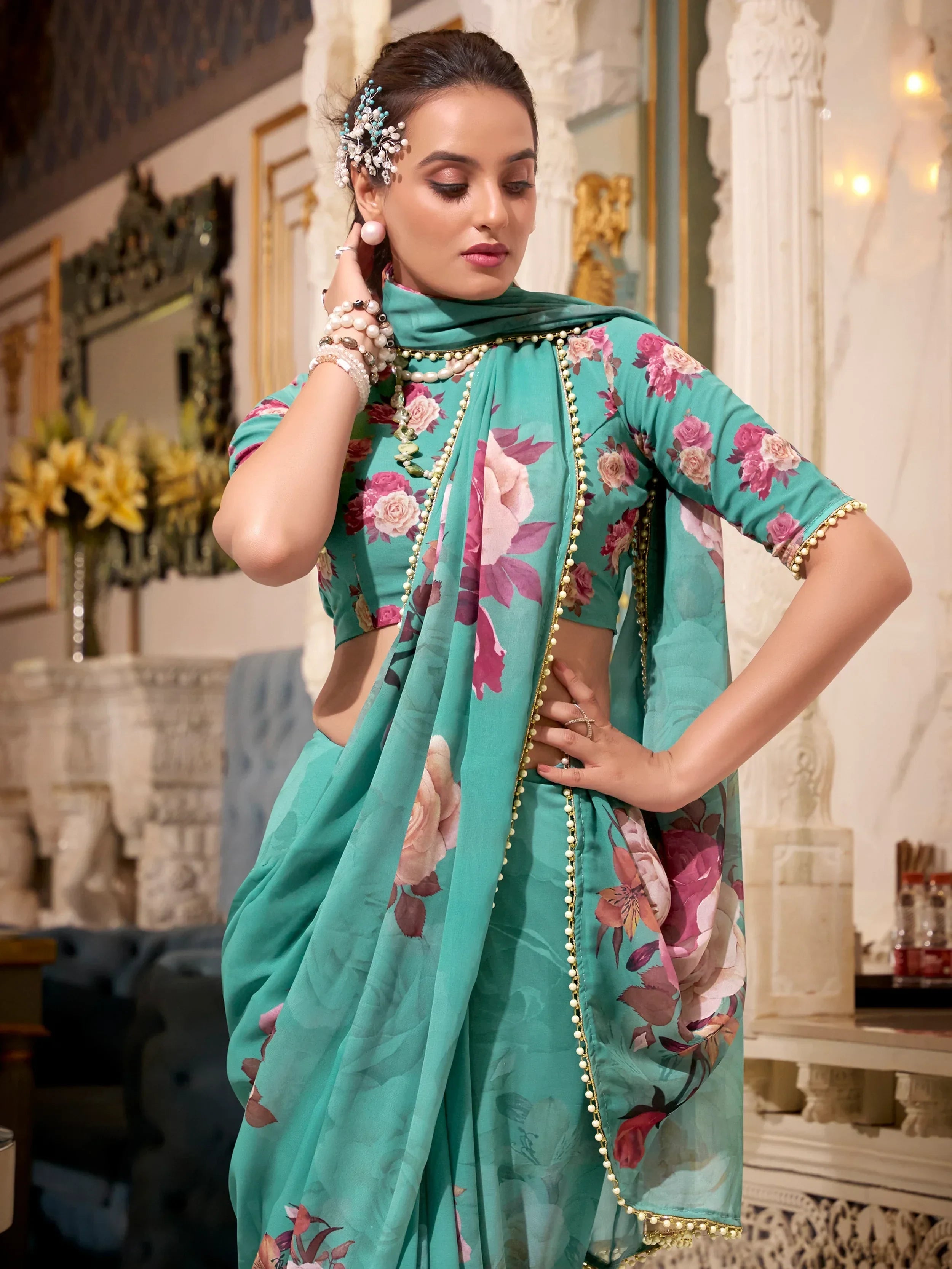 Green Artistic Georgette Floral Printed Saree With Blouse