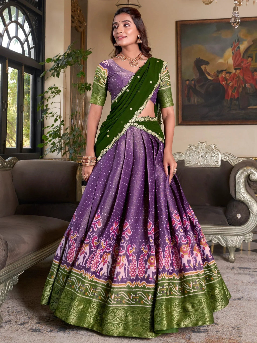 Elegant Purple Silk Ikat Print Wedding Wear Lehenga Choli With Dupatta
