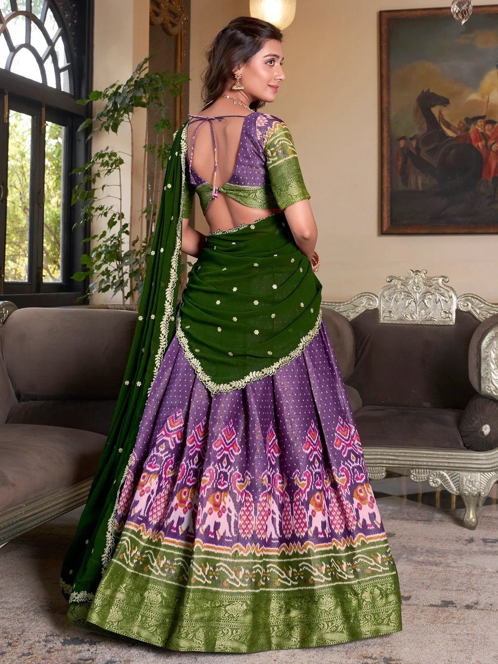 Elegant Purple Silk Ikat Print Wedding Wear Lehenga Choli With Dupatta