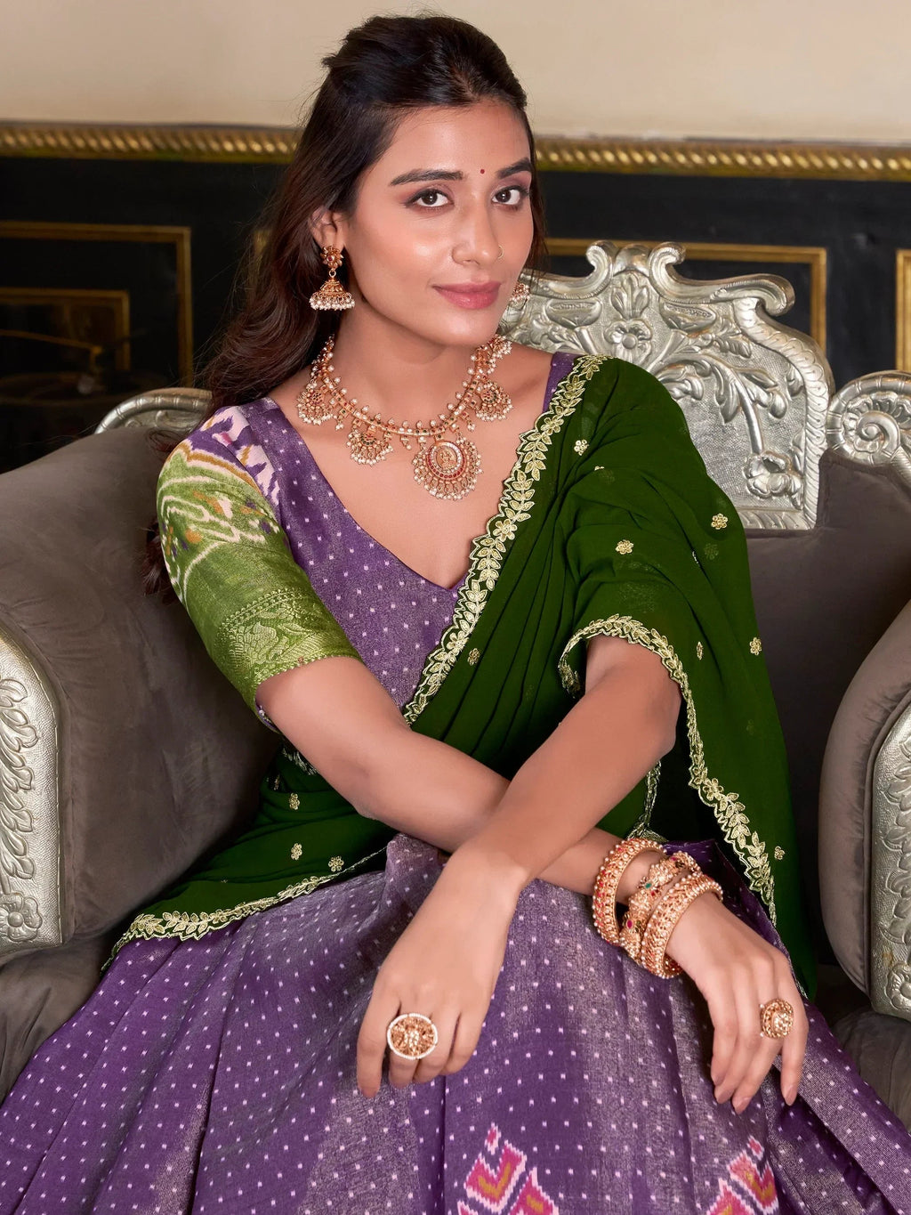 Elegant Purple Silk Ikat Print Wedding Wear Lehenga Choli With Dupatta