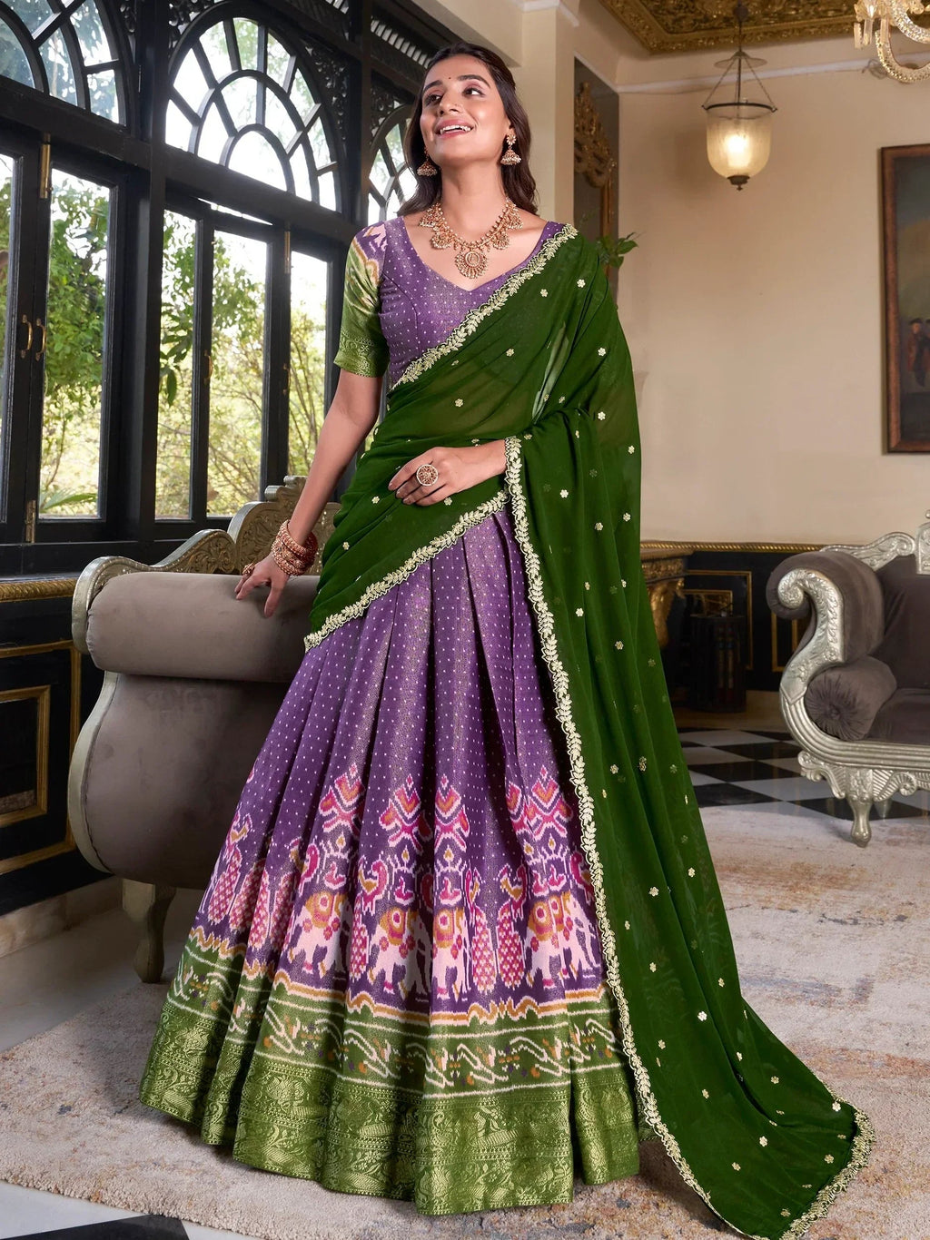 Elegant Purple Silk Ikat Print Wedding Wear Lehenga Choli With Dupatta