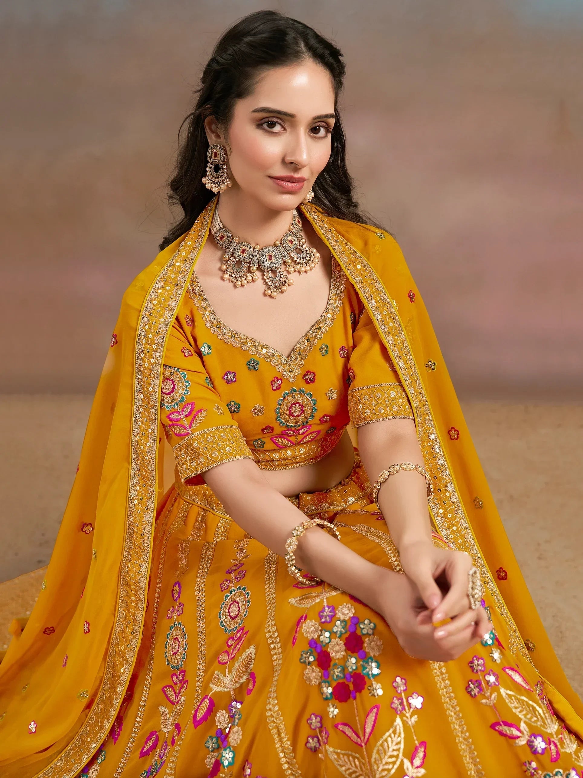 Yellow Fantastic Zari Work Georgette Wedding Wear Lehenga Choli