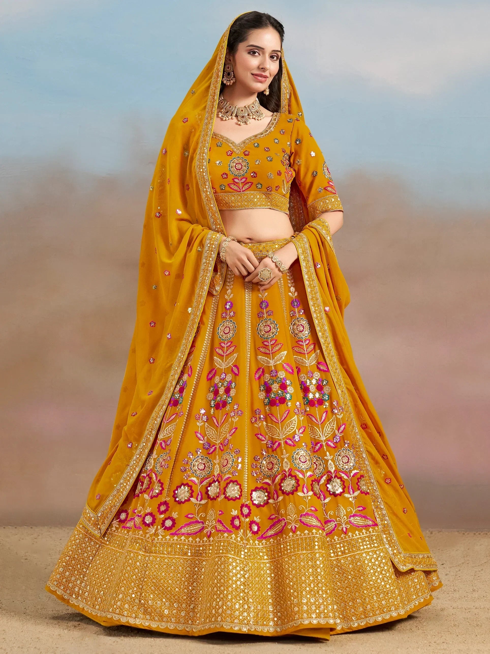 Yellow Fantastic Zari Work Georgette Wedding Wear Lehenga Choli