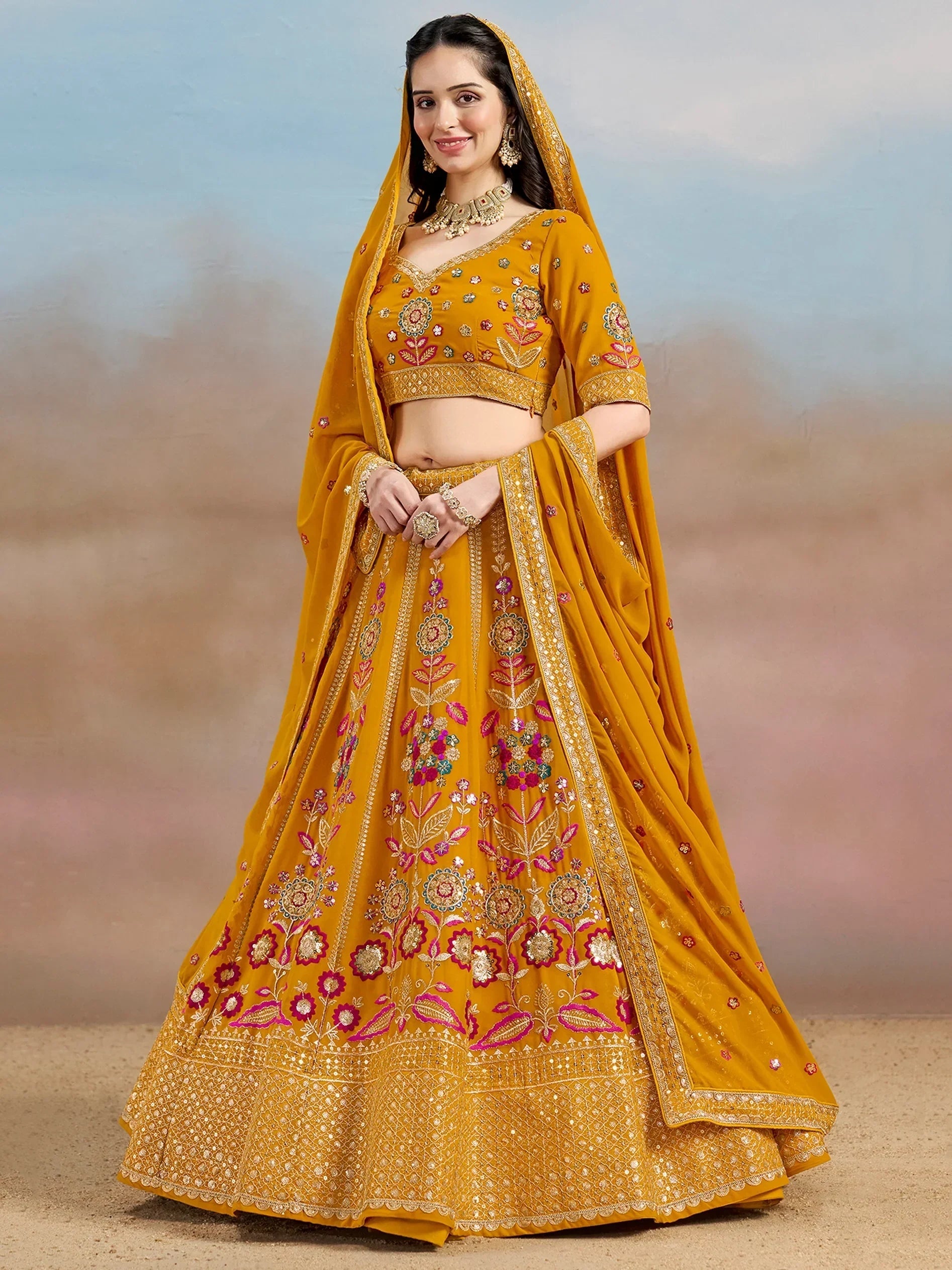 Yellow Fantastic Zari Work Georgette Wedding Wear Lehenga Choli