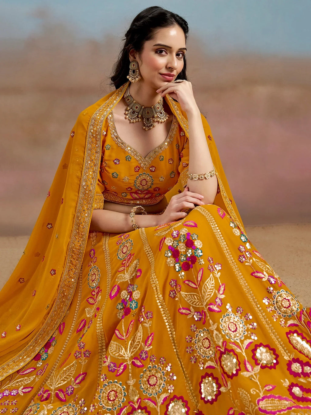Yellow Fantastic Zari Work Georgette Wedding Wear Lehenga Choli