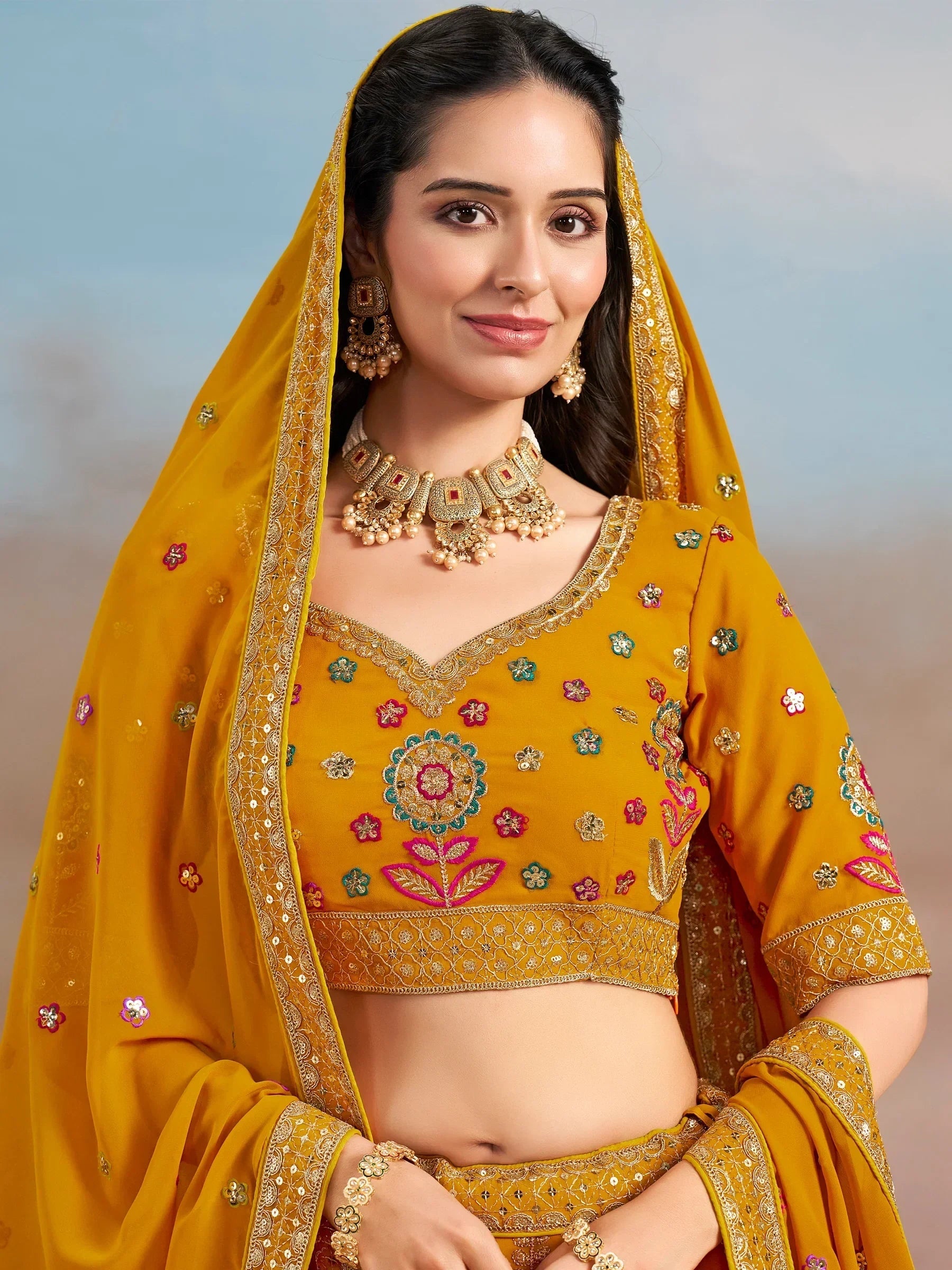 Yellow Fantastic Zari Work Georgette Wedding Wear Lehenga Choli