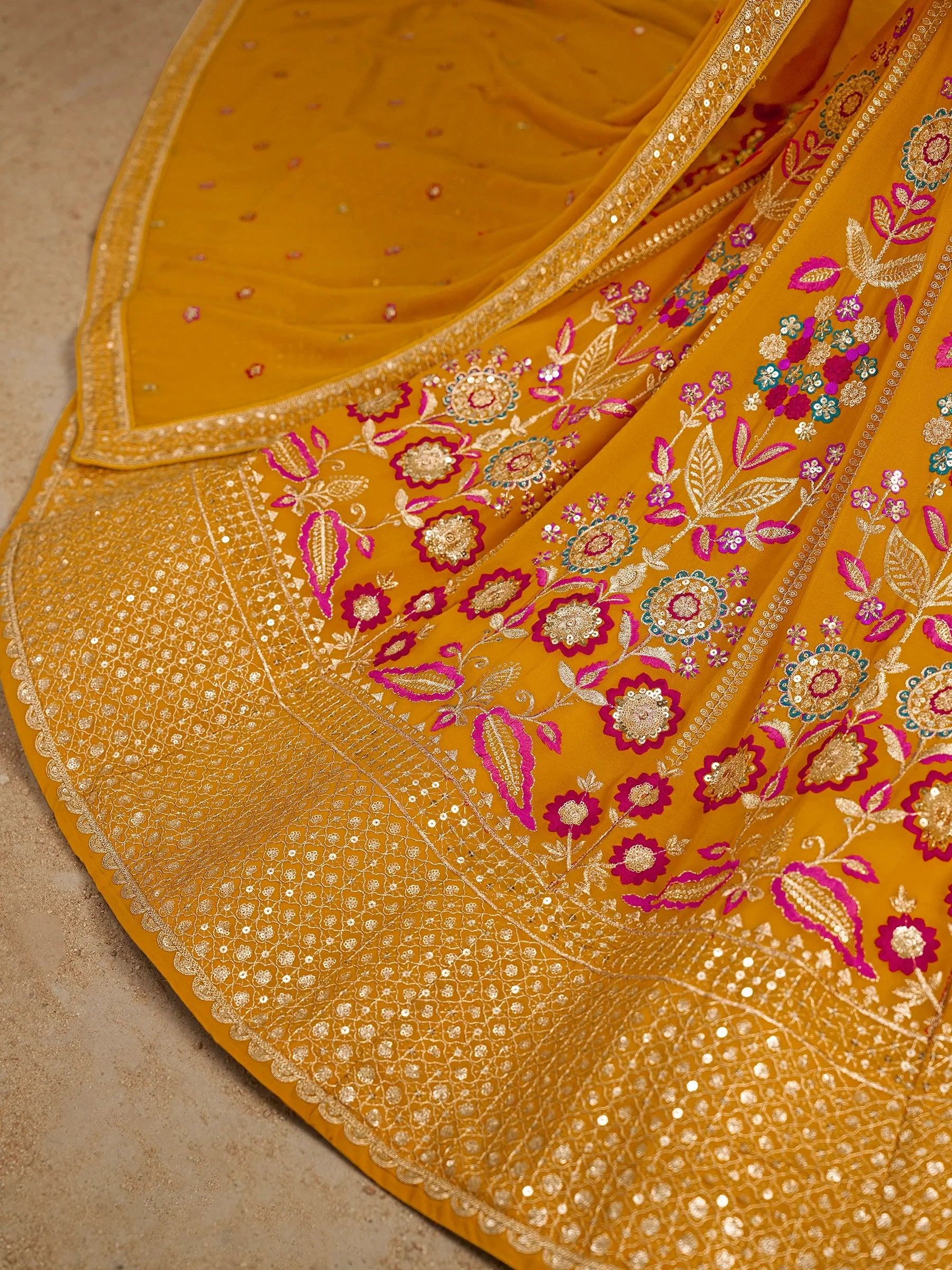 Yellow Fantastic Zari Work Georgette Wedding Wear Lehenga Choli
