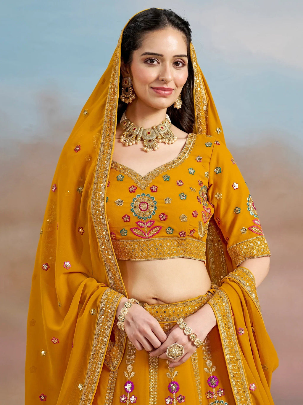 Yellow Fantastic Zari Work Georgette Wedding Wear Lehenga Choli