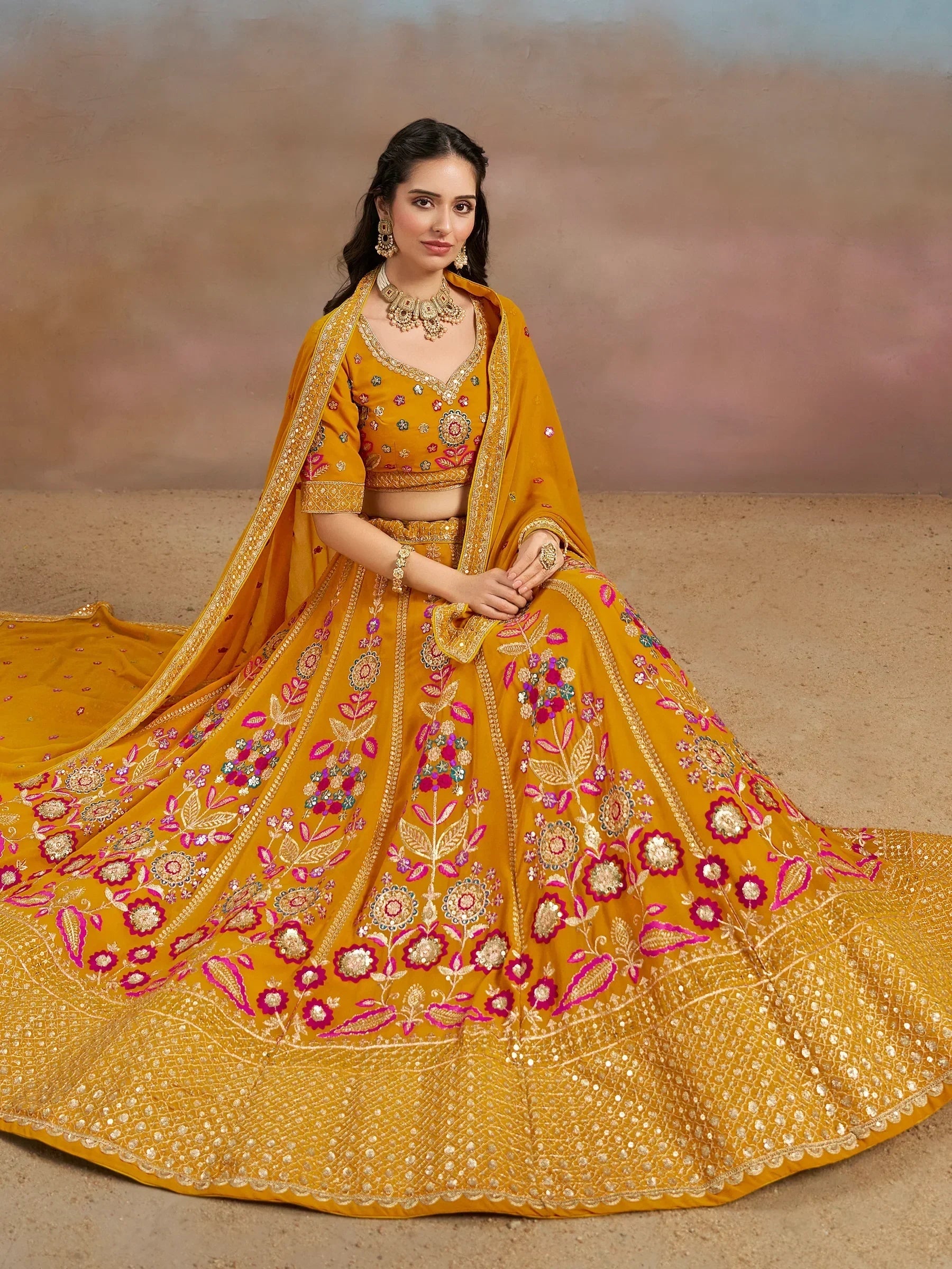 Yellow Fantastic Zari Work Georgette Wedding Wear Lehenga Choli