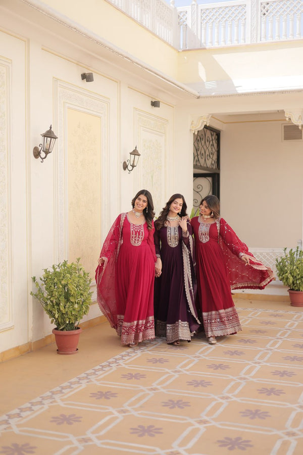 Embroidered Faux Blooming Gown with Dupatta