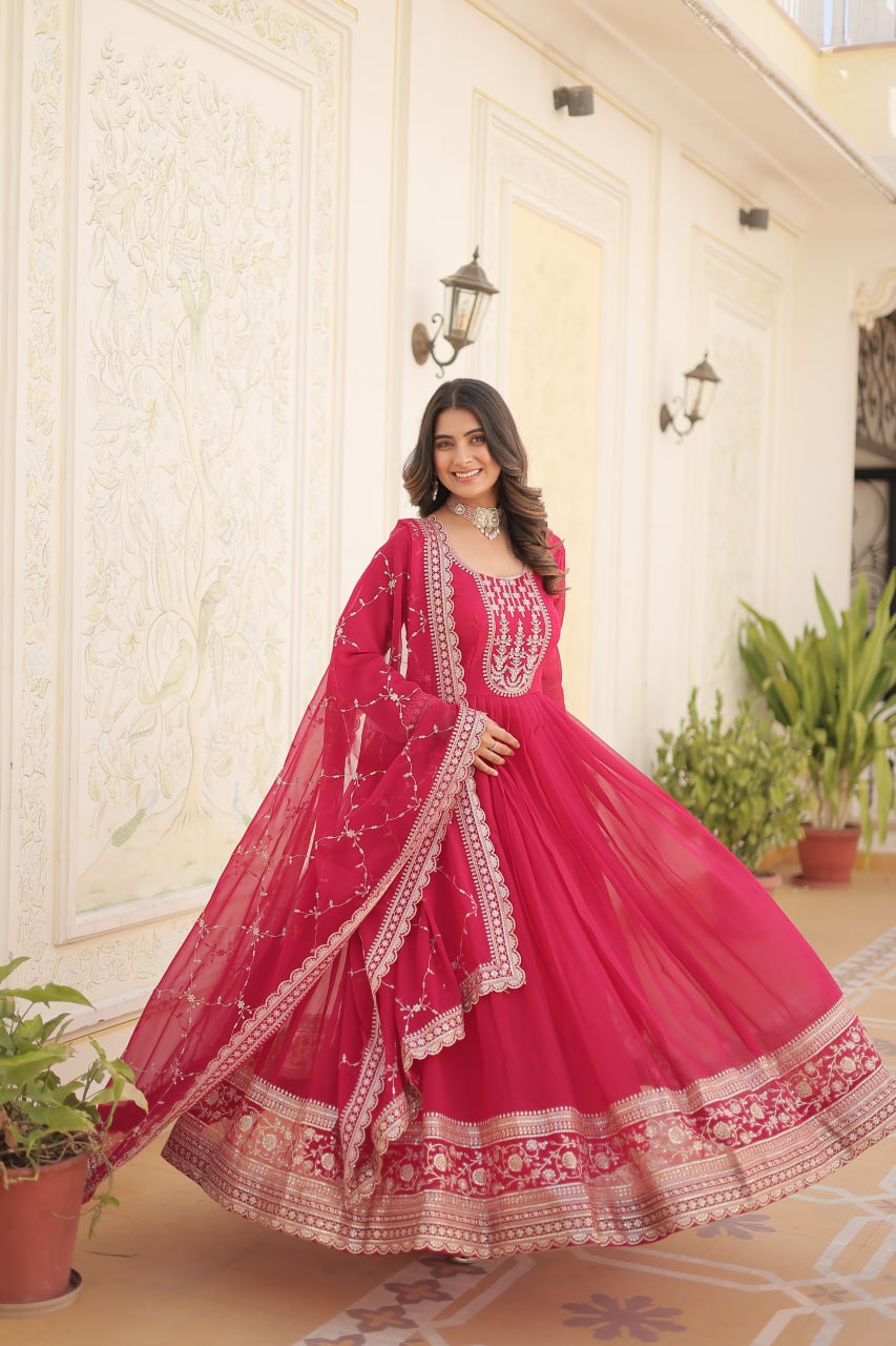 Embroidered Faux Blooming Gown with Dupatta