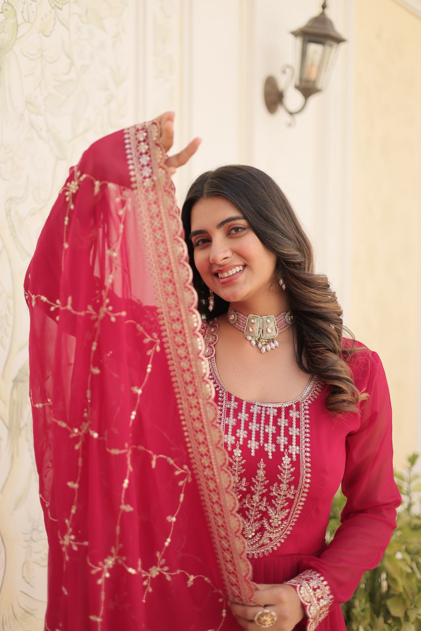Embroidered Faux Blooming Gown with Dupatta