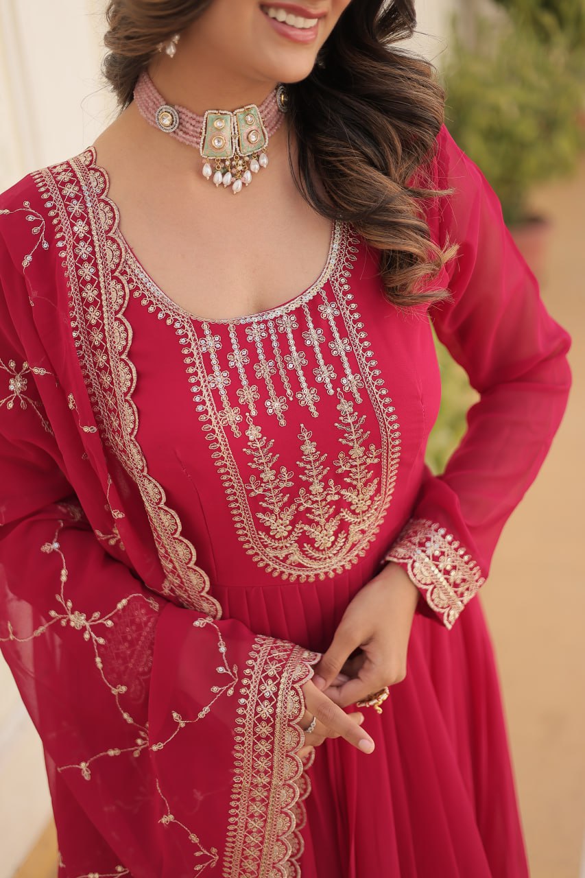 Embroidered Faux Blooming Gown with Dupatta