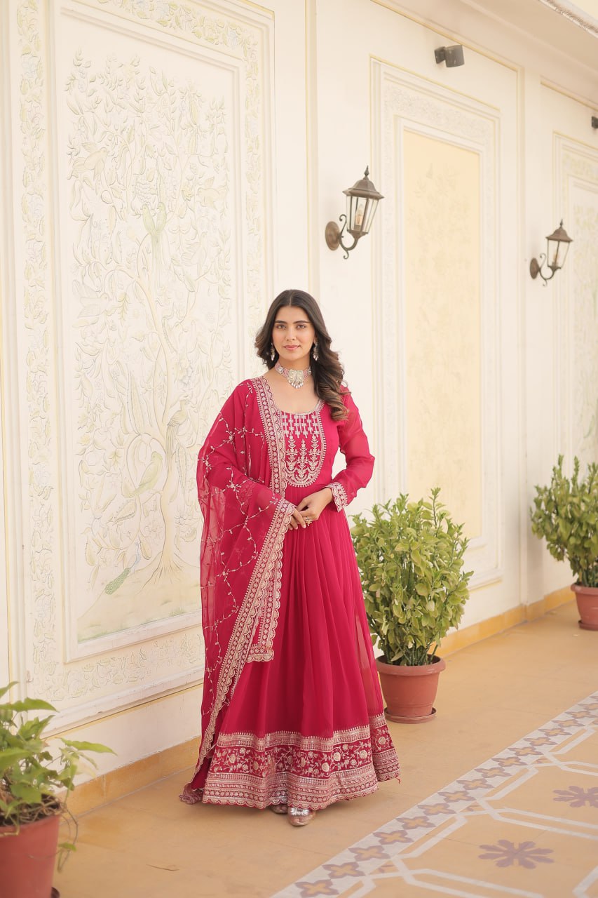 Embroidered Faux Blooming Gown with Dupatta
