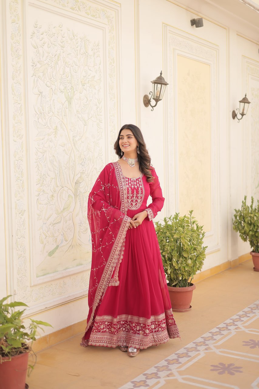 Embroidered Faux Blooming Gown with Dupatta
