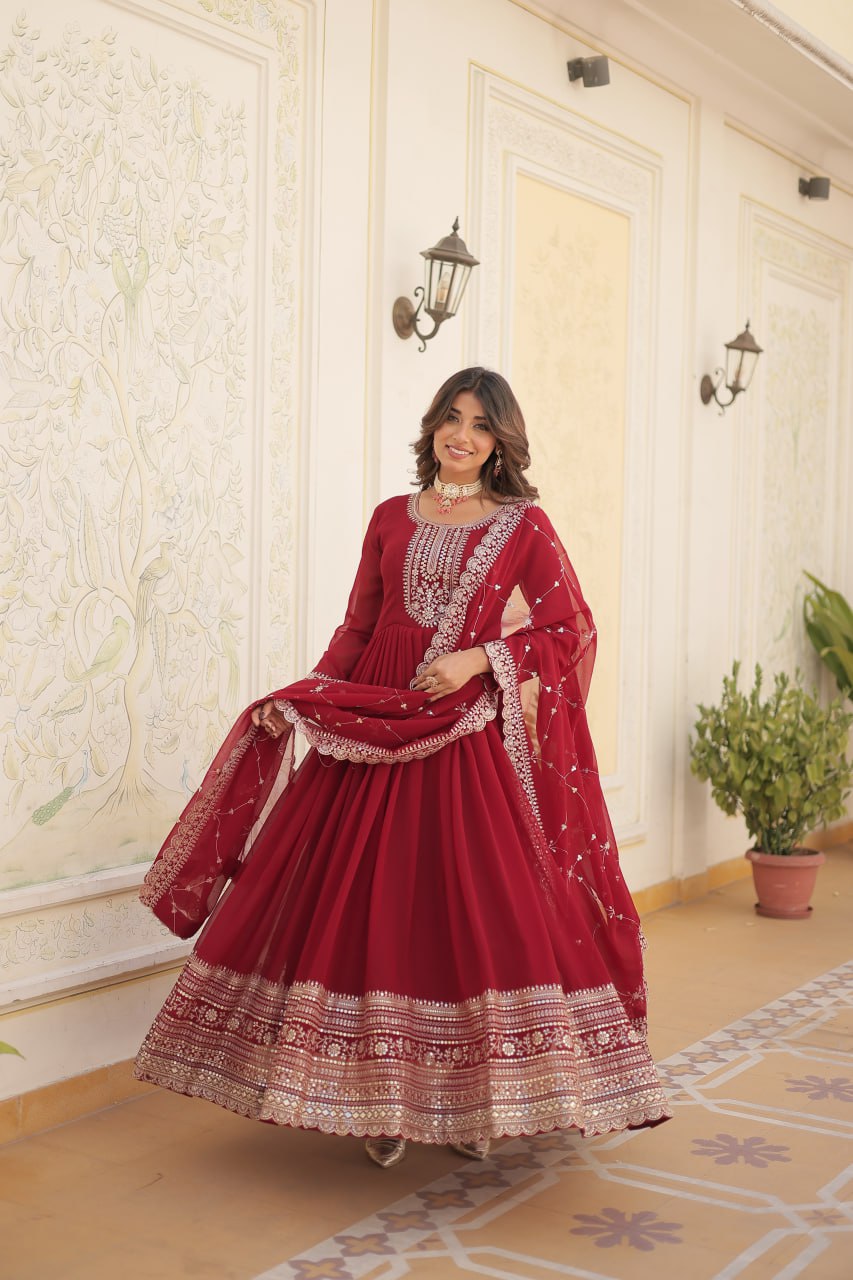 Embroidered Faux Blooming Gown with Dupatta