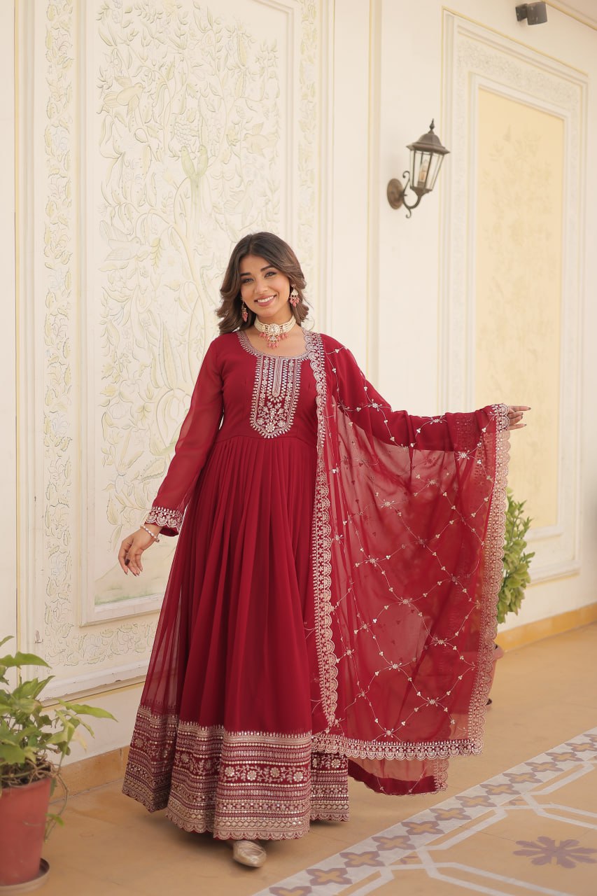 Embroidered Faux Blooming Gown with Dupatta