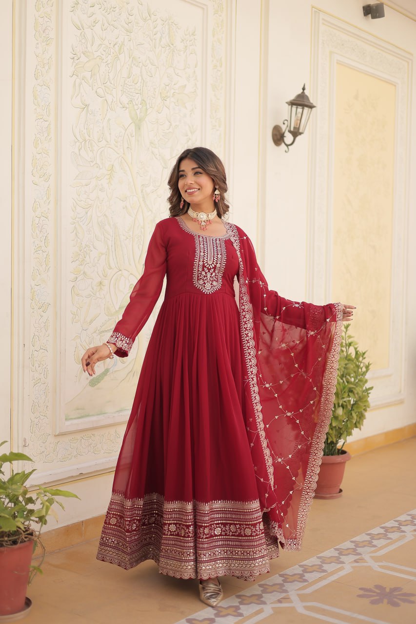 Embroidered Faux Blooming Gown with Dupatta