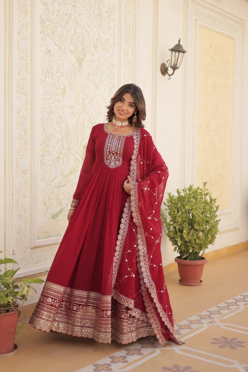 Embroidered Faux Blooming Gown with Dupatta