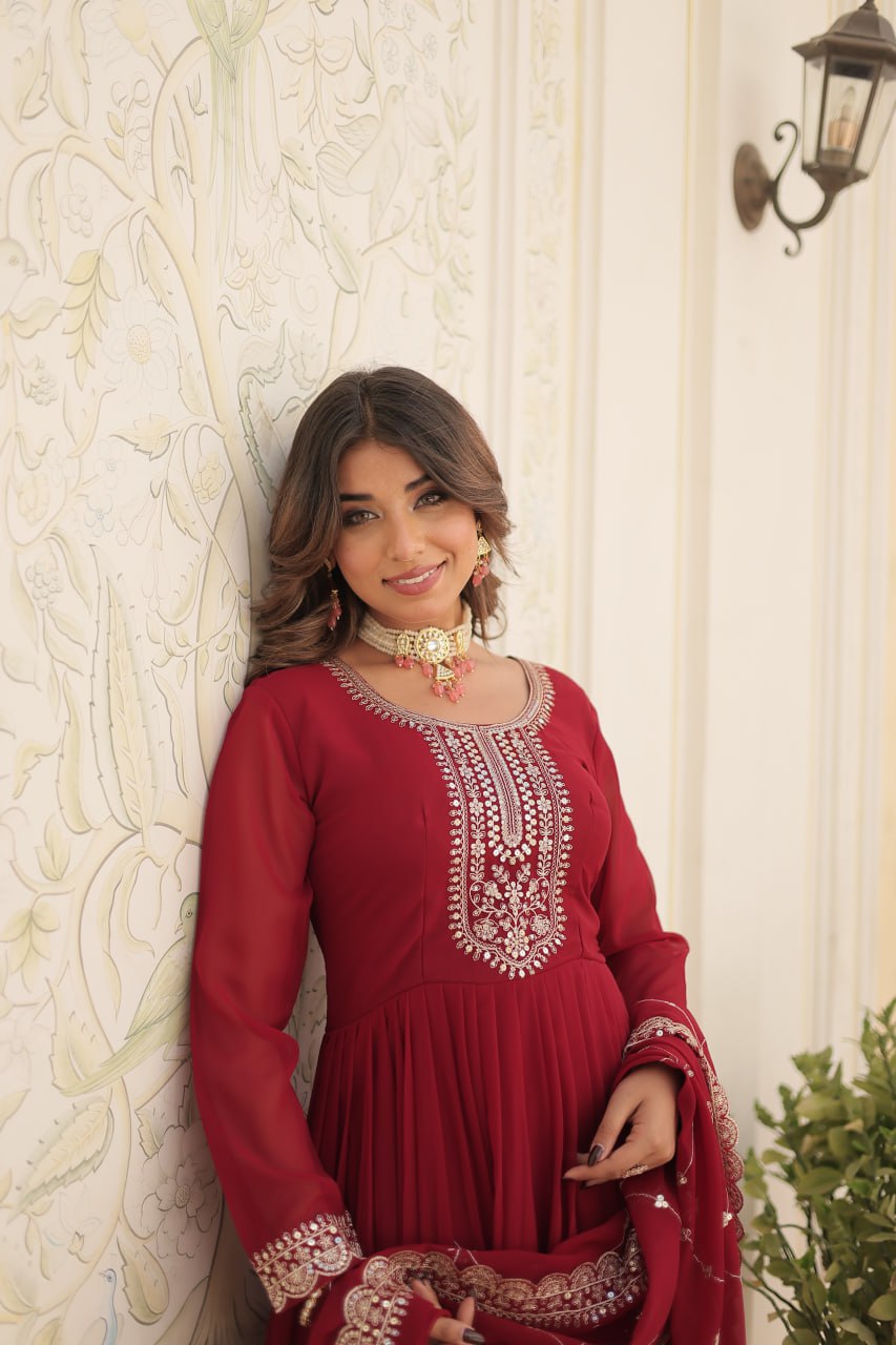 Embroidered Faux Blooming Gown with Dupatta