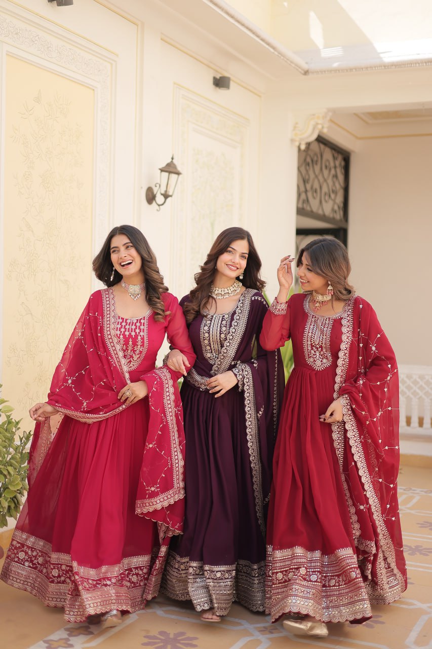 Embroidered Faux Blooming Gown with Dupatta