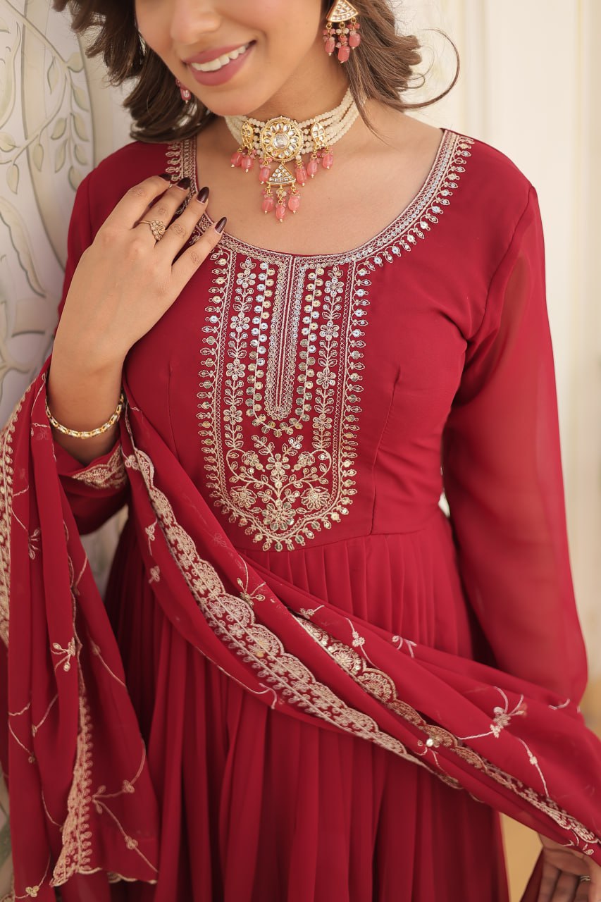 Embroidered Faux Blooming Gown with Dupatta