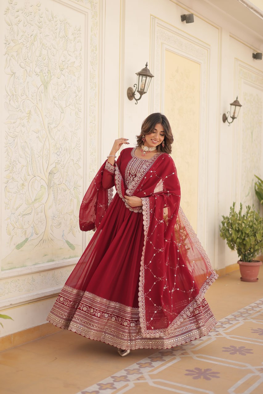 Embroidered Faux Blooming Gown with Dupatta