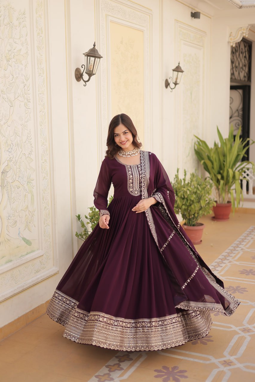 Embroidered Faux Blooming Gown with Dupatta