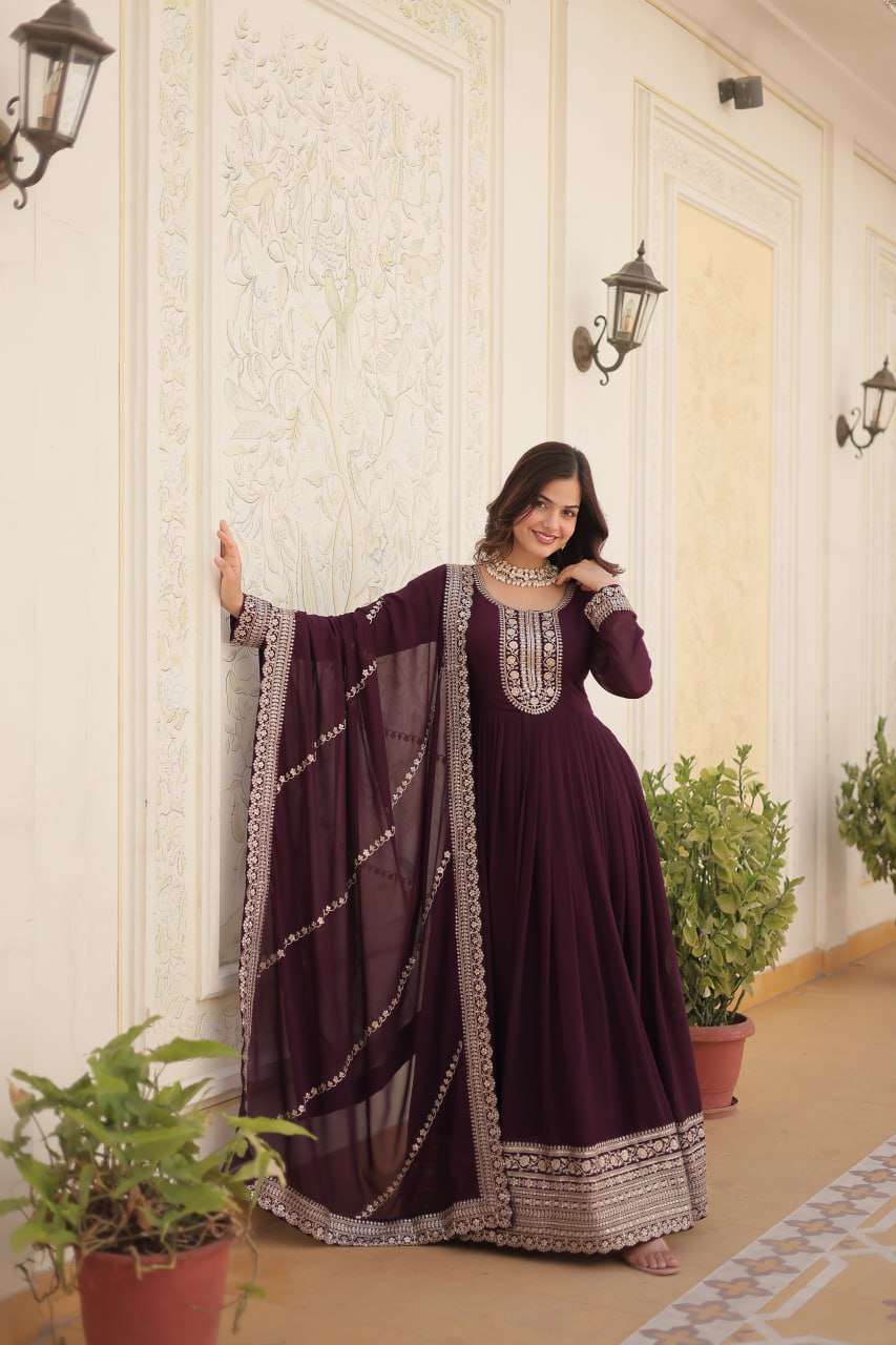 Embroidered Faux Blooming Gown with Dupatta