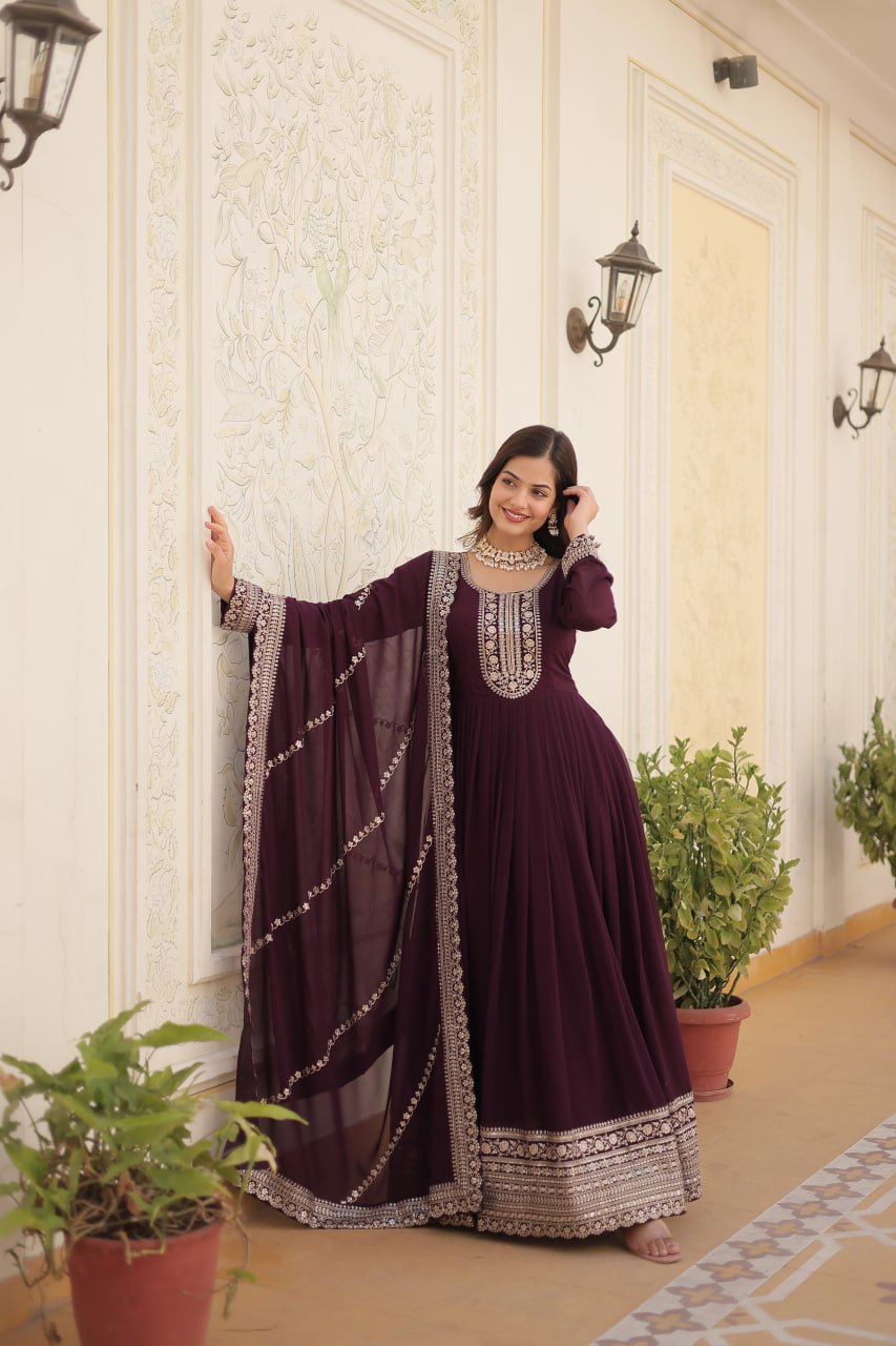 Embroidered Faux Blooming Gown with Dupatta