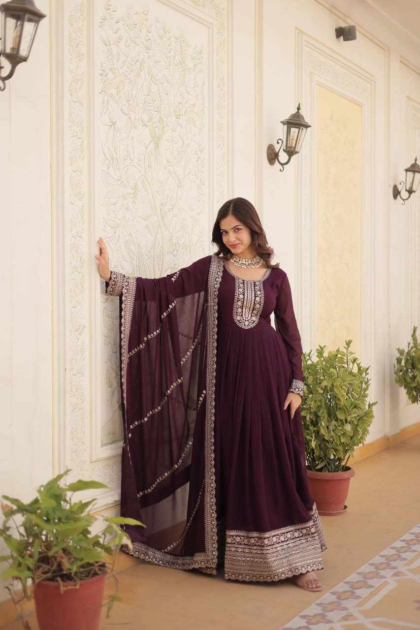 Embroidered Faux Blooming Gown with Dupatta