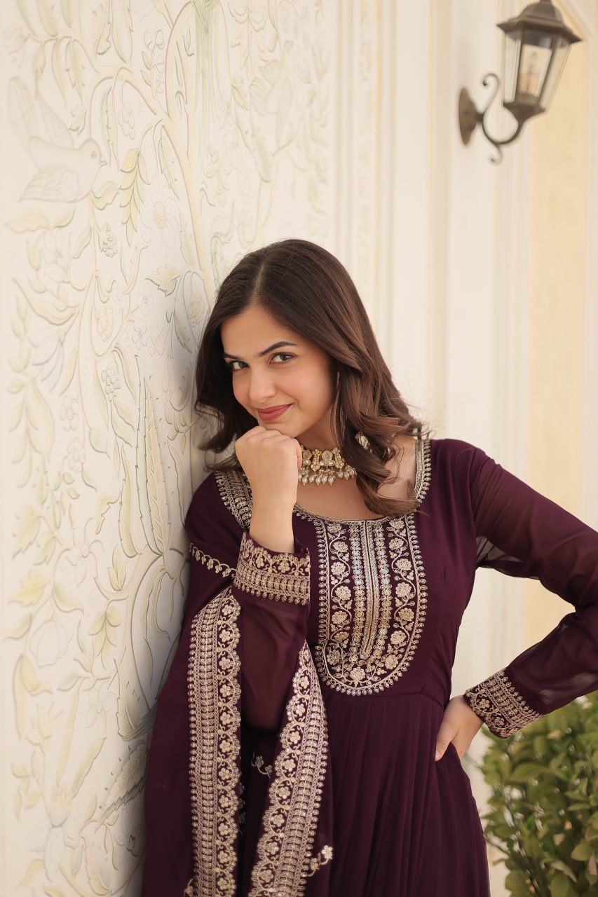 Embroidered Faux Blooming Gown with Dupatta
