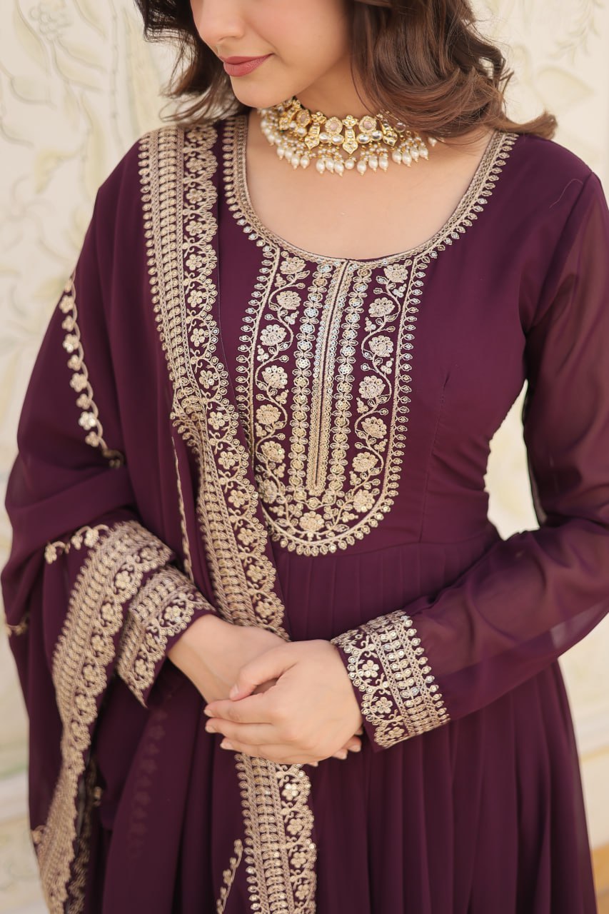 Embroidered Faux Blooming Gown with Dupatta