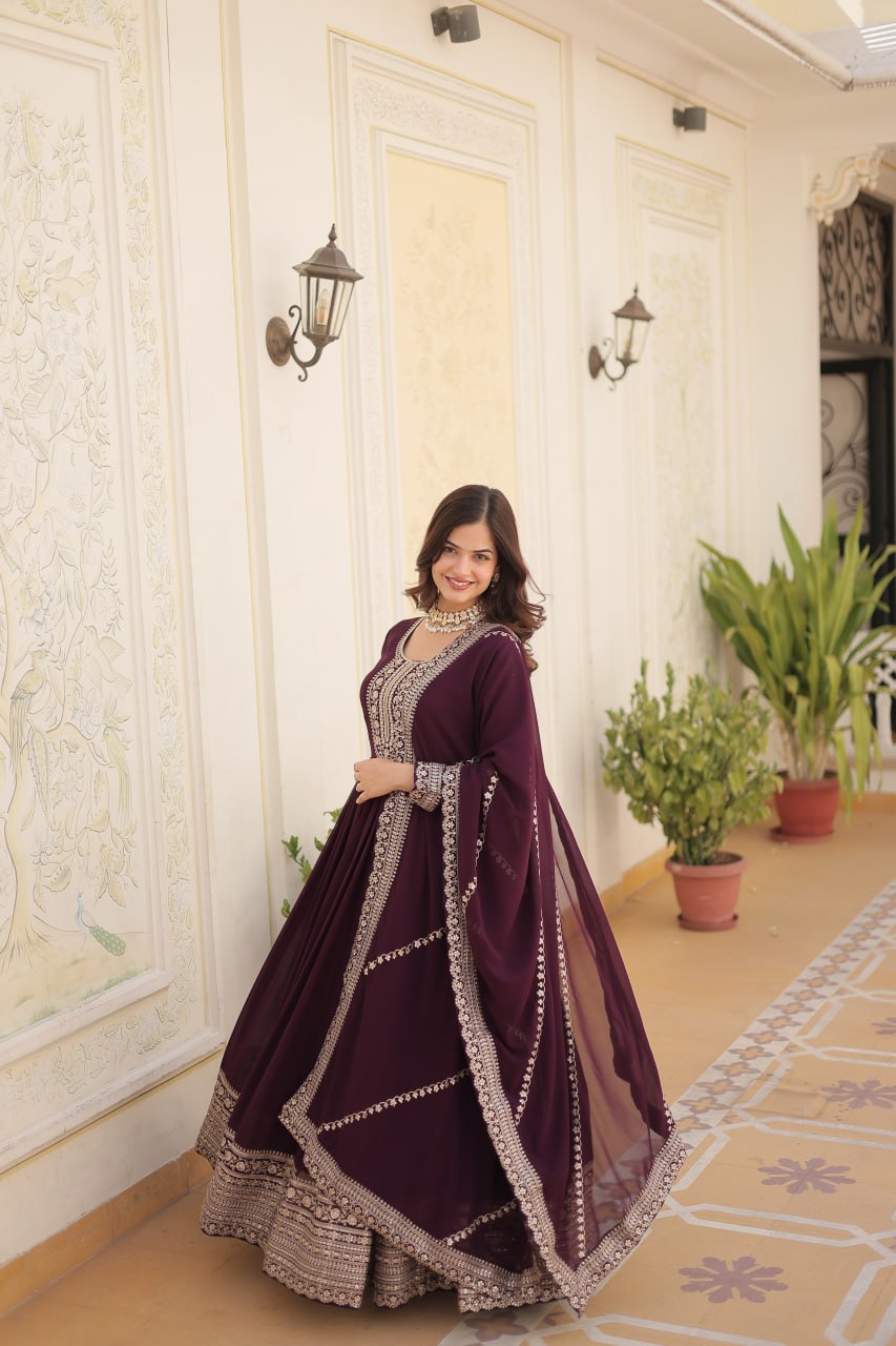 Embroidered Faux Blooming Gown with Dupatta