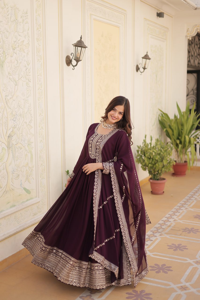 Embroidered Faux Blooming Gown with Dupatta