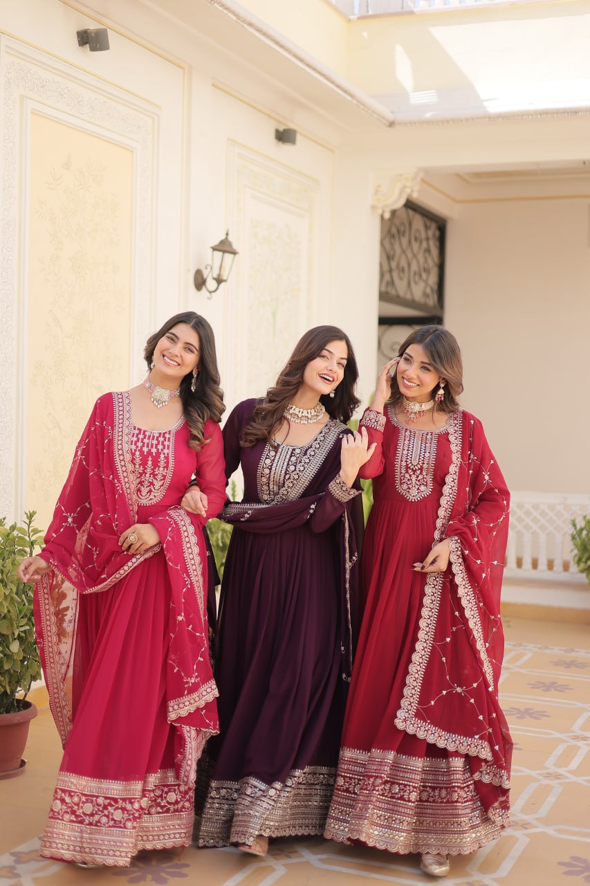 Embroidered Faux Blooming Gown with Dupatta
