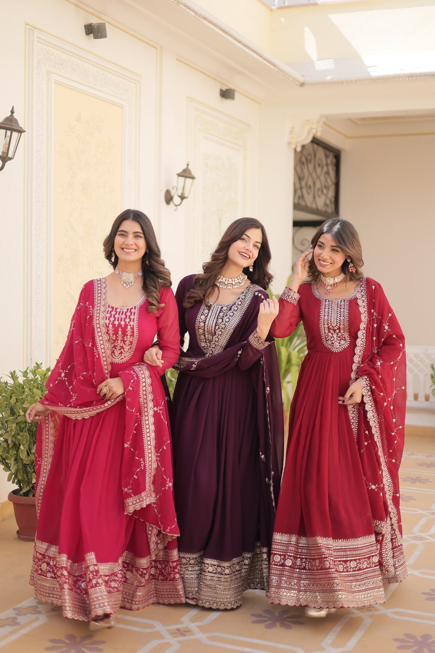 Embroidered Faux Blooming Gown with Dupatta