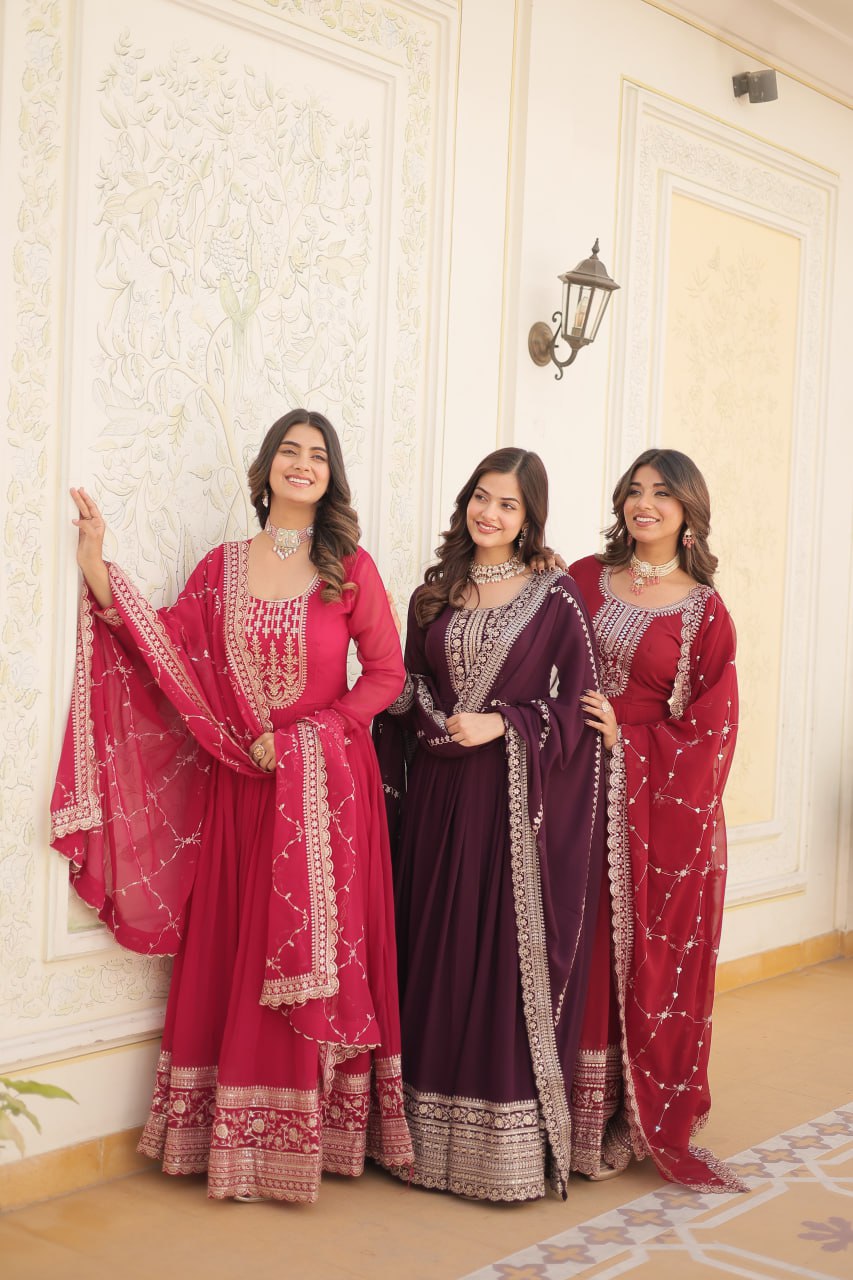 Embroidered Faux Blooming Gown with Dupatta