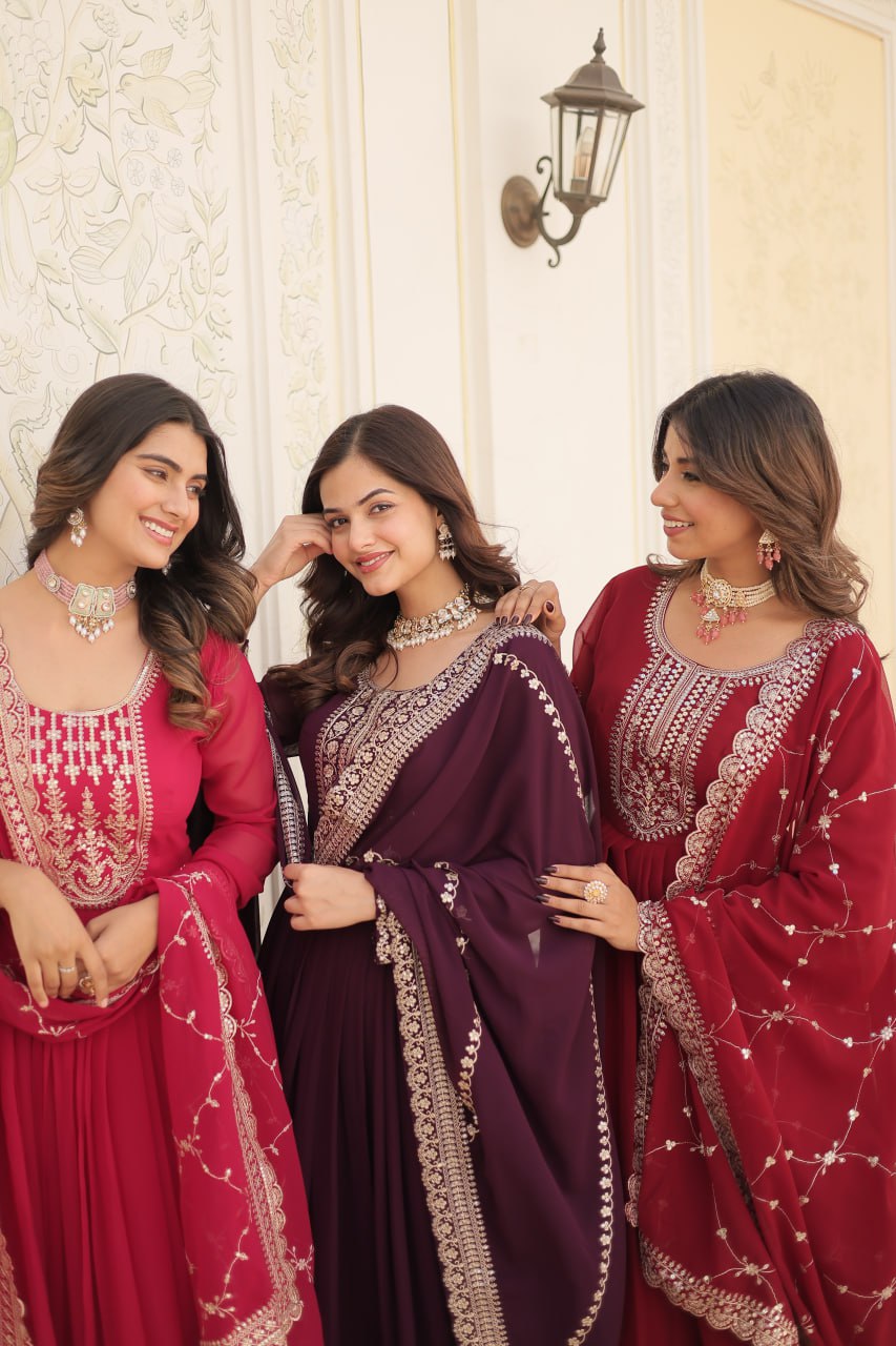 Embroidered Faux Blooming Gown with Dupatta