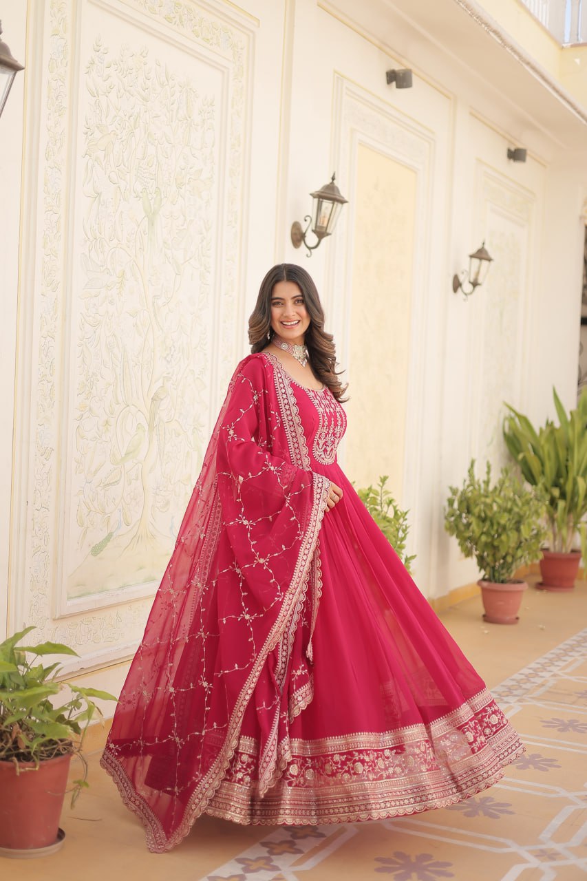 Embroidered Faux Blooming Gown with Dupatta