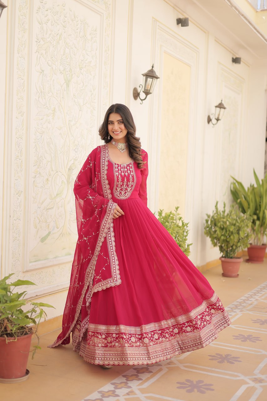 Embroidered Faux Blooming Gown with Dupatta